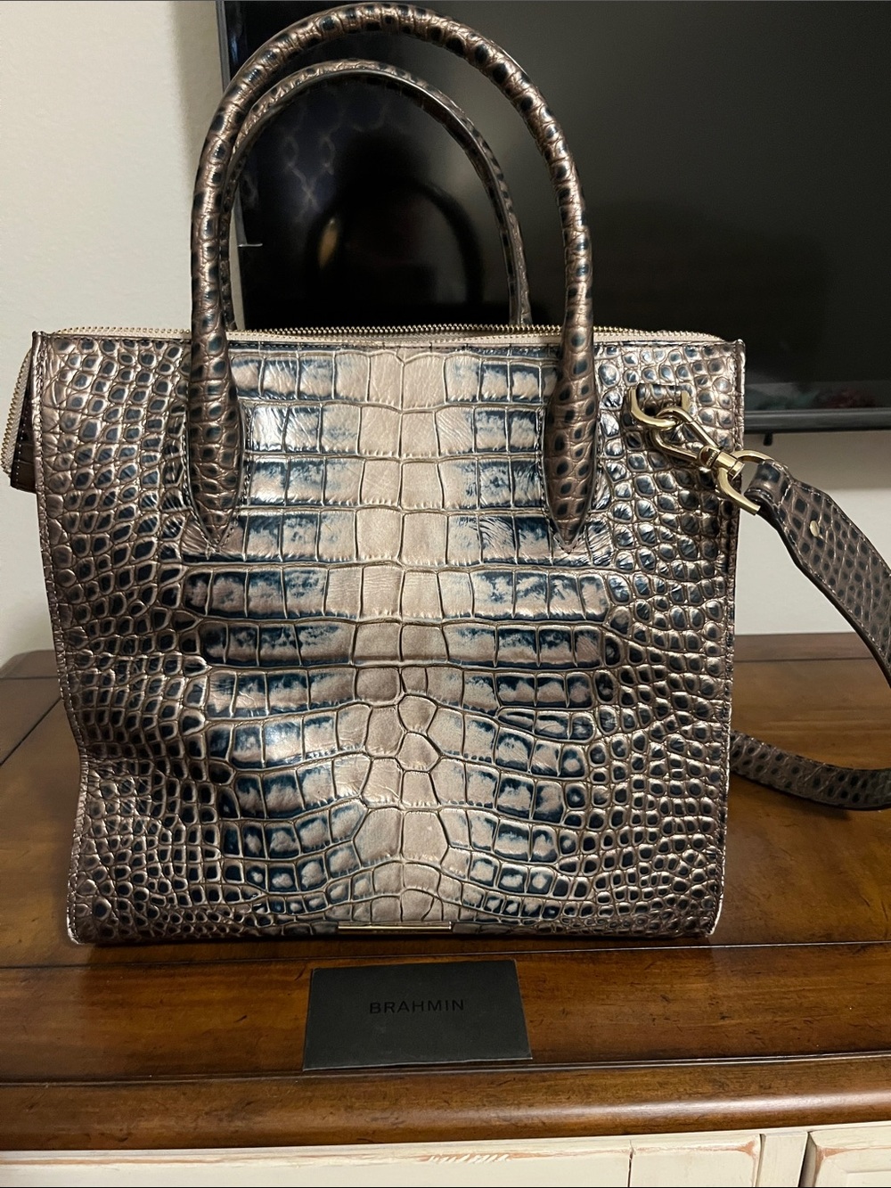 Brahmin Caroline Metallic Taupe Croc-Embossed Satchel